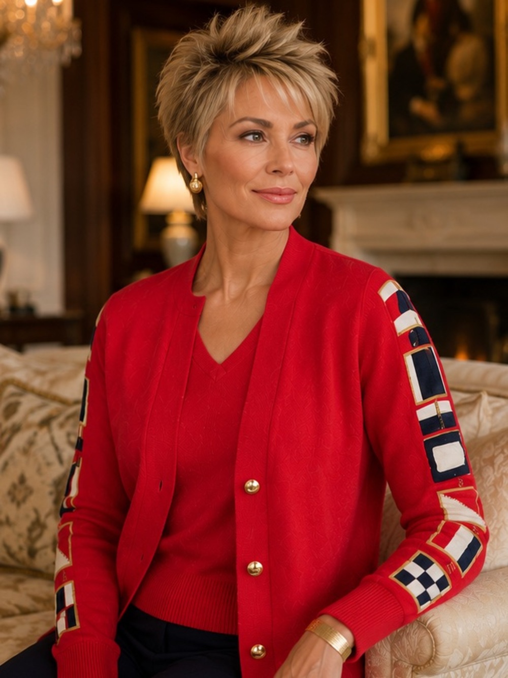 St. John Separates Red Flag Motif NKnit Cardigan Sweater – Size Small